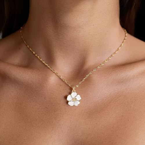 Gold Necklace for Women, Dainty White Enamel Sakura Flower Cherry Blossom Pendant, 18K Gold Plated Sparkly Jewelry Gifts for Her