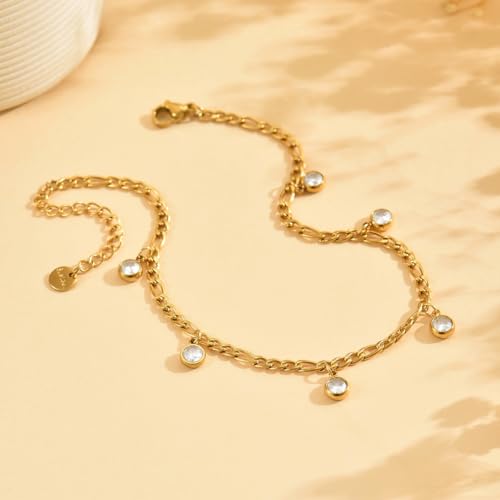 Gold Ankle Bracelets for Women 18K Gold Plated Waterproof Starfish Sea Shell Pearls CZ Diamond Dangle Anklets Trendy Summer Beach Foot Chain Jewelry Gift - style: 6 CZ Drop-Gold