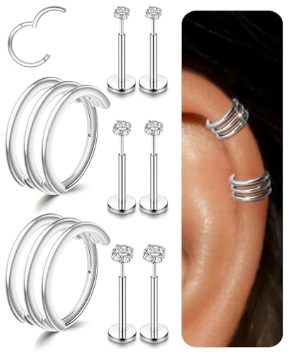 Small Cartilage Double/Triple-Hoop Helix Conch Piercing Earrings With Cubic Zirconia For Women Trendy 14K Gold Plated Titanium Surgical Stainless Steel Sets Nose Rings Hoops Septum Rings - color: Silver, style: E-4Pairs-16Gauge-Triple hoop