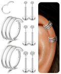 Small Cartilage Double/Triple-Hoop Helix Conch Piercing Earrings With Cubic Zirconia For Women Trendy 14K Gold Plated Titanium Surgical Stainless Steel Sets Nose Rings Hoops Septum Rings - color: Silver, style: E-4Pairs-16Gauge-Triple hoop