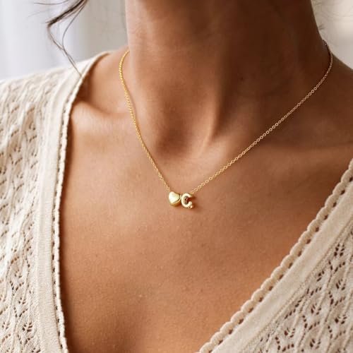 Yoosteel Heart Initial Necklaces for Women Girls - 14K Gold-Plated Letter A-Z Initial Heart Necklace for Girls Kids Jewelry Teen Girl Gifts Personalized Birthday Gifts - color: D