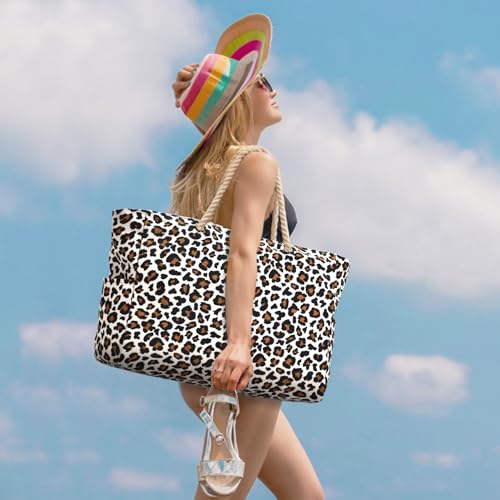 Becokan Beach Bag Large Beach Tote Bag for Women Waterproof Sandproof Swim Pool Bag With Zipper - color: Leopard