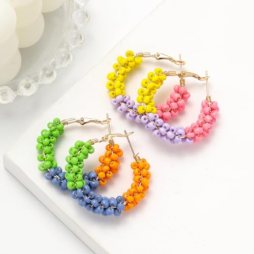 Jinxiuge 6 Pair Beaded Hoop Earrings Boho Flower Round Earrings Women's Handmade Earrings Set - style: Style-G