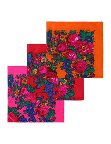 MJ SERECA Acrylic Bandana Printed Hair Scarf Square Ukrainian Head Scarf Floral Babushka Neck Scarf for Women 30"/42"/60" - color: 3 Pack-b 30"