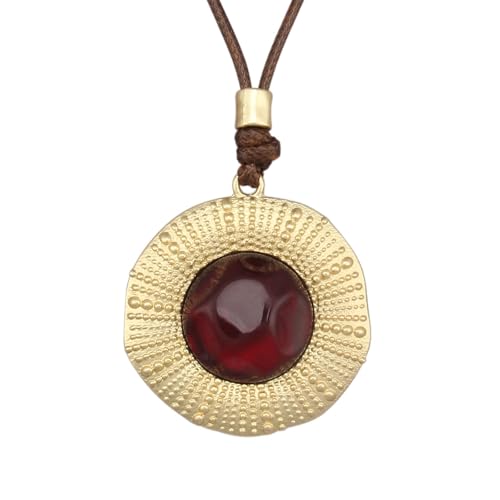 Bohemian Women's Leather Long Pendant Necklace Sweater necklace Adjustable Retro Woven Handmade Jewelry - color: Gold Red Stone