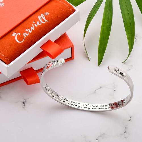 Carviell Bracelet - Gifts for Women – Inspirational, Friendship, Love, Mom, Daughter, Sister, Christian, Graduation, Memorial & Wedding Gifts – 100+ Phrases – Stainless Steel, Gift-Ready - style: MOM'S Gift - I'll love you forever, I'll like you for alway