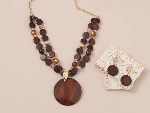 Layered Beads Statement Fashion Necklace Chunky Jewelry Set Big Colorful Glass Stone Circle Shell Pendant Choker Necklace and Earring Set for Women - color: Brown