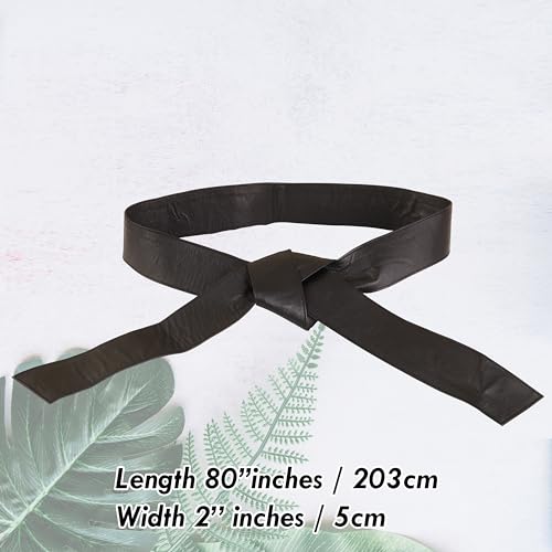 Woman's Obi Sash Tie Plus Size Waist Band Wide Solid Color Genuine Leather Belt - color: Black