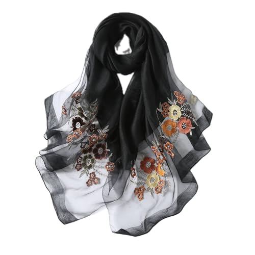 Jeelow Silk Blend Floral Fashion Scarf Shawl Wrap Lightweight Sheer For Women Floral Embroidery Wedding Party Prom - color: Petal Black
