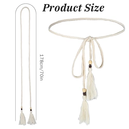 Cotton Long Rope Belt for Women, Tassel Braided Waist Rope Belts, Cotton Boho Waistband Ropes Tie Belt for Women Dress Skirt, Costume Accessory