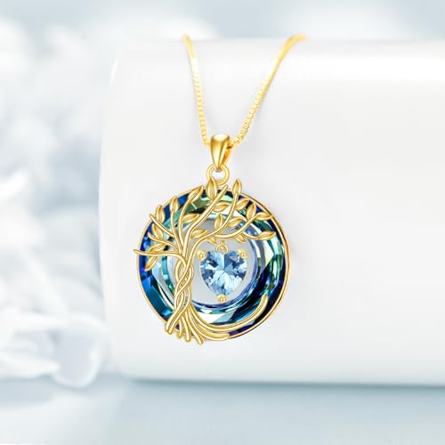 POPLYKE Mothers Day Gifts for Mom Her Wife Tree of Life Necklace 925 Sterling Silver Birthstone Pendant with Crystal Anniversary Birthday Wedding Jewelry for Women - color: 03-Mar-Aquamarine, style: 18K Gold Plated-Blue Crystal