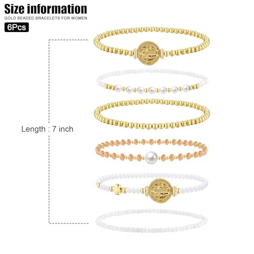 VIBILIA Gold Beaded Bracelets Set for Women 14K Gold Plated Dainty Pearl Cross Bracelet Stack Stretch Bracelet Set Fashion Accessories Gifts - color: 6P-6146K1-White