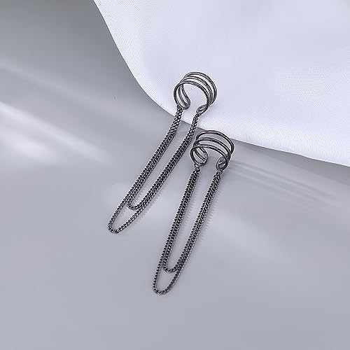 SLUYNZ 925 Sterling Silver No Piercing Cuff Earrings Chain for Women Wrap Earrings Tassel Clip On Ear - color: Black Gold Plated