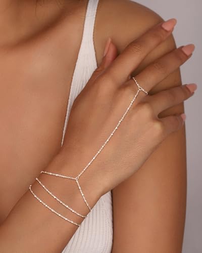 CHESKY Silver Hand Chain Bracelets for Women Set - Dainty Silver Plated Finger Ring Bracelet Stack Adjustable Hand Chains Durable Beaded Bracelets Trendy Simple Jewelry Gift for Women - style: layer thin bracelet-silver