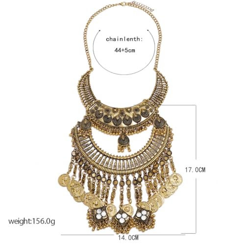 Vintage Engraved Bib Statement Necklace for Women Chunky Bohemian Ethnic Gypsy Choker Necklaces Jewelry