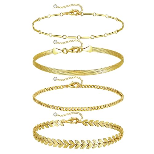 HAXIYA Waterproof Gold Anklets for Mom, Mothers Day Gifts Mama Dainty 18K Gold Plated Anklets Layered Cuban Link Chain Herringbone Cute Anklets Set Summer Beach Jewelry Gift for Women