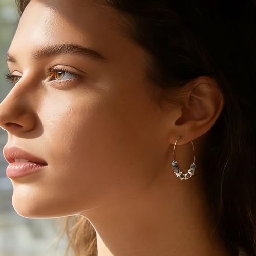 Natural Stone Beaded Hoop Earrings for Women, Boho Handmade Lightweight Hypoallergenic Trendy Summer Beach Accessories Fashion Jewelry Gift - color: Gray