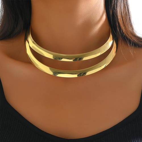 Chunky Chain Necklaces Women Statement Collar Necklace Gold Flat Snake Chain Choker Ribbed Design for Party, Dress Jewelry Gifts - color: A7