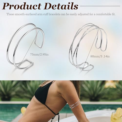 2Pcs Gold Arm Cuff for Women Adjustable Arm Cuff Bracelet Minimalist Open Coil Upper Arm Band Cuff Bangle Set - style: Silver B