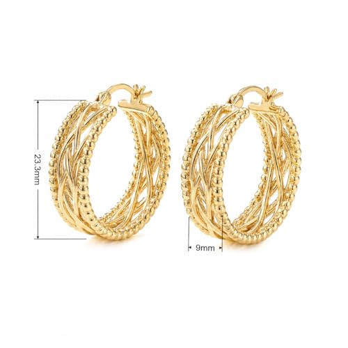 14k Yellow Gold Twisted Braided Hoop Earrings for Women, Textured Beaded Huggie Earrings, Hypoallergenic Minimalist Statement Jewelry 23.3mm*9mm