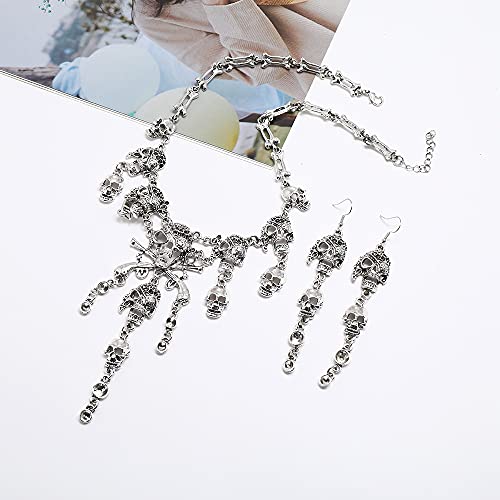 Pingyongchang Vintage Pirate Skull Tassel Charm Necklace and Skull Bracelet Lady Horror Necklace for Women - color: Set 2