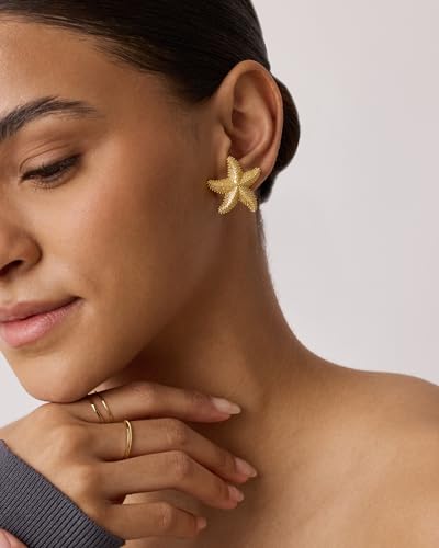 PAVOI 14K Gold Plated Starfish Statement Stud Earrings for Women | Trendy Jewelry Alluring Ocean-Themed Dangling Earrings - color: Yellow Gold