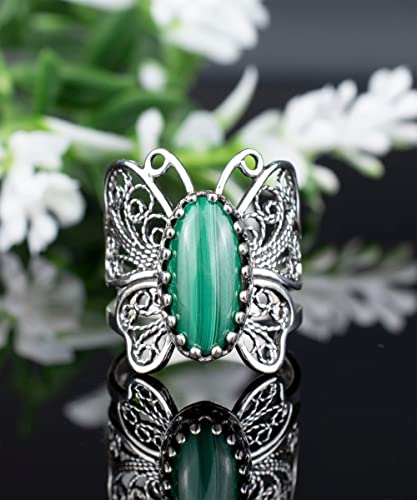 Filigranist Sterling Silver Filigree Art Butterfly Women Cocktail Ring with Gemstones - color: Malachite