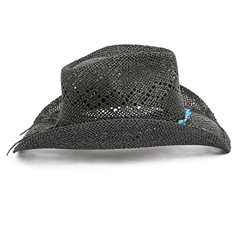 TOVOSO Western Cowgirl Hat, Straw Cowboy Hat for Women with Shapeable Brim, Beaded Hearts Trim, Shapeable Cowboy Hat - color: Black With Blue Trim