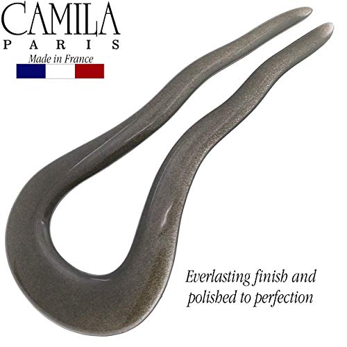 Camila Paris CP3077 French Twist Stick Clip Pins, Gray, Wavy Hair Pin U-Shaped Hair Fork for Girls Spiral Updo Chignon Bun Holder, Fashion Flexible Styling Hair Accessories for Women, Made in France - color: 2-Prong Gray