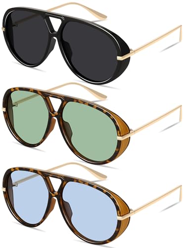 GRFISIA Retro Oversized Aviator Sunglasses for Women Men Metal 70s Aviators 2026 Fashion Shades for Beach Vacation UV400 - color: (3pcs) Black/Gray+tortoise/Green+tortoise/Blue