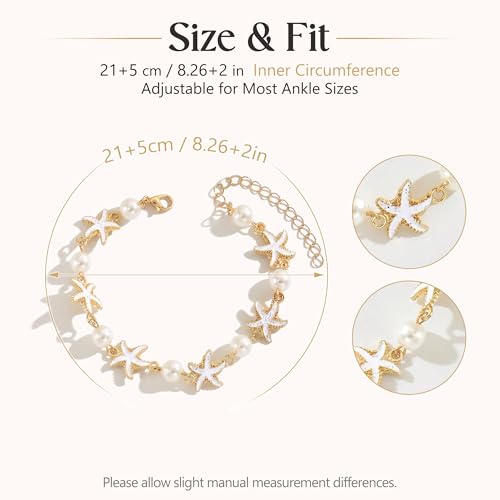 Fesciory Shell Ankle Bracelets for Women, Gold Plated Boho Anklet Set with Pearl Beads Starfish Conch Seashell, Adjustable Summer Beach Hawaiian Foot Jewelry Gift - style: Starfish Pearl