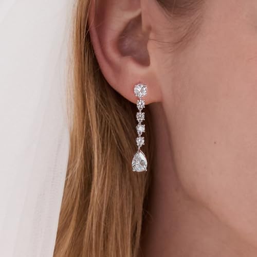 Teardrop Cubic Zirconia Dangle Earrings for Women 925 Silver Post Gold Plated Bridal Jewelry for Wedding Bride Bridesmaid Prom Pageant - color: White Gold