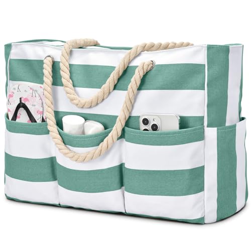 Becokan Beach Bags for Women Canvas Large Beach Tote Bag Zipper Waterproof Sandproof Foldable Swim Pool Bag with 7 Pockets - color: Green