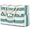 Becokan Beach Bags for Women Canvas Large Beach Tote Bag Zipper Waterproof Sandproof Foldable Swim Pool Bag with 7 Pockets - color: Green