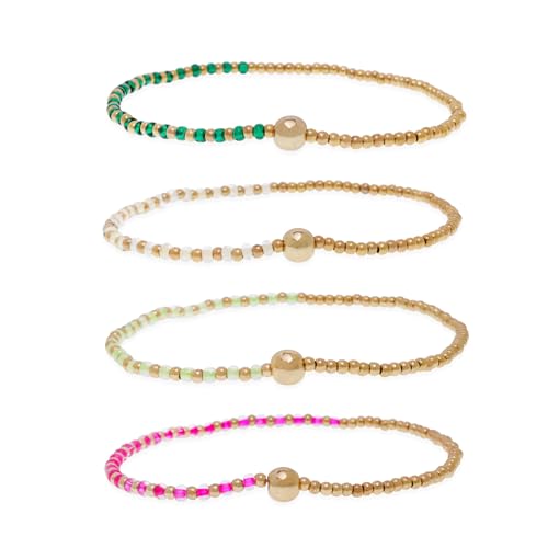 Gold Beaded Stackable Friendship Bracelets Set for Women, Handmade Boho Stretch Summer Jewelry Gift. - color: gold green fuchsia white
