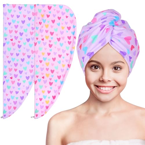 Basumee Microfiber Hair Towel Wrap for Kids 2 Pack Rapid Drying Hair Towel with Button Hair Turbans for Wet Hair Wraps Head Towel Wrap for Women and Girls - color: Pink Purple Love