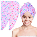Basumee Microfiber Hair Towel Wrap for Kids 2 Pack Rapid Drying Hair Towel with Button Hair Turbans for Wet Hair Wraps Head Towel Wrap for Women and Girls - color: Pink Purple Love
