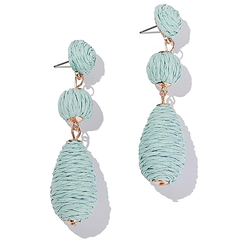 Boho Raffia Earrings Statement Dangle Earrings Cute Teardrop Ball Earrings Colorful Summer Jewelry Handmade Rattan Earrings for Women - color: Lime Green