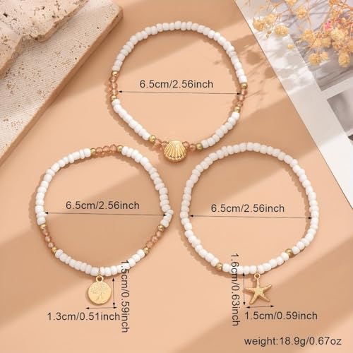 Ankle Bracelets for Women Waterproof Beach Jewelry for Women Elastic Beaded Anklets Boho Seashell Pearl Starfish Anklets for Women Foot Jewelry - style: 2 - 3 layer coin shell starfish
