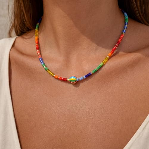 Wellike Freshwater Pearl Beaded Necklace for Women Handmade Boho Colorful Glass Beads Choker Necklace Stainless Steel 18K Gold Plated Bohemian Women Summer Jewelry Gifts - color: KKWX022