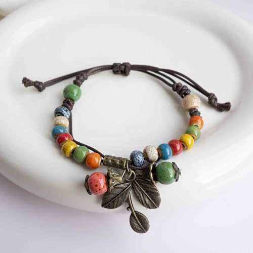 Handmade Green Boho Bracelets for Women, Bohemian Ceramic Beads Bracelets for Friends, Trendy Porcelain Stone Beaded Bracelets for Sisters - color: Colorful-Leaf