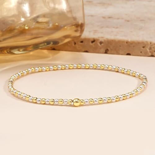 14K Gold Plated Beaded Bracelets Stack Set for Women,Stretch Boho Colorful Beads Ball Jewelry Friendship Summer Trendy - color: Pink
