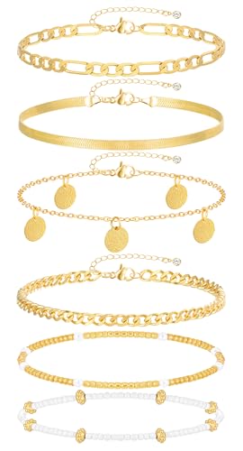 FAXHION Gold Anklets for Women Waterproof, Adjustable Boho Stacking Dangle Coin White Bead Cuban Link Chain Anklets Set, Summer Layered Beach Jewelry Gift for Women - color: Gold-10