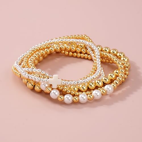 Silver Gold Beaded Bracelets for Women Stackable 14K Gold Plated Beads Ball Cross Bracelet Stack Non Tarnish Elastic Stretch Trendy Jewelry Christian Friendship Christmas Gifts for Women - color: 6pcs-White Cross