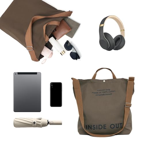 Canvas Tote Bag For Women inside out bag Crossbody Handbag with Adjustable Strap and Coin Purse for Work,Travel,Grocery - color: Coffee