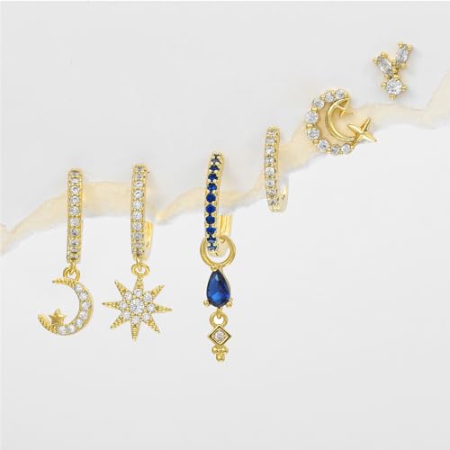 6pcs Gold Hoop Earring Stacks For Women Dainty Colorful Cubic Zirconia Huggie Earrings 18k Gold Hoop Earrings Cartilage Stud Earring Sets For Multiple Piercing - style: Fashion-C