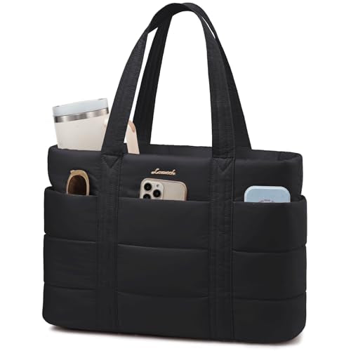 LOVEVOOK Tote Bag for Women, Large Puffer Work Tote Laptop Bag, Lightweight Travel Tote Bag with Zipper Gifts for Women - color: Black-b, size: 15.6 Inch
