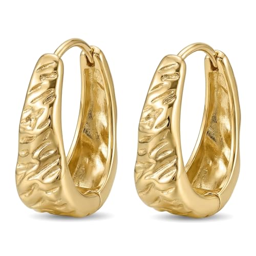 14K Gold Plated Wide Chonky Hinge Hoop Earrings for Women, Ribbed Textured U-Shape Oval Hoops, Lightweight Dainty Hollow Jewelry Gift, Nickel-Free Hypoallergenic 25MM