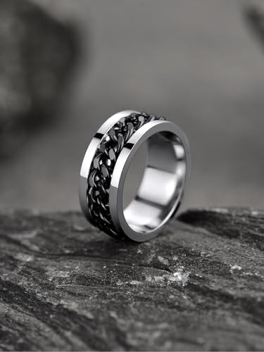 U7 Stainless Steel Mens Rings,7mm Gold/Black/Silver Chain Rings Fidget Spinner Ring Anxiety Ring for Men Women,Size 6-14 - color: Inlaid Chain Ring-Black