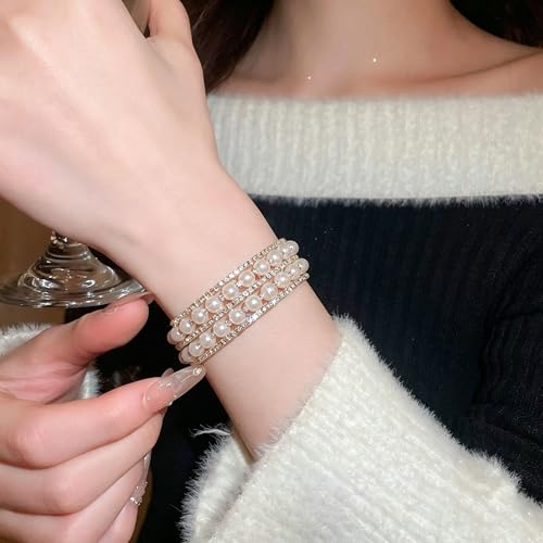 Pearl Rhinestone Stretch Cuff Bracelet for Women Adjustable | Perfect for vintage weddings parties vacations and everyday wear - color: Gold A+